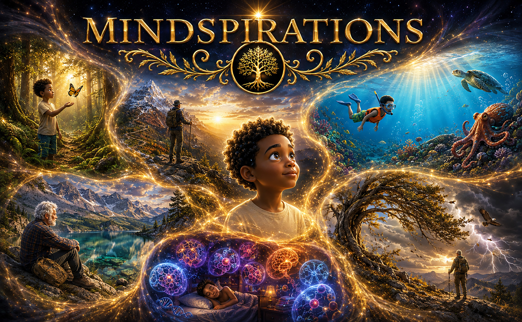 Mindspirations — a collage of Elijah in the forest, snorkeling the reef, dreaming inside the body, Mr. Martin on the mountain, and It's Time